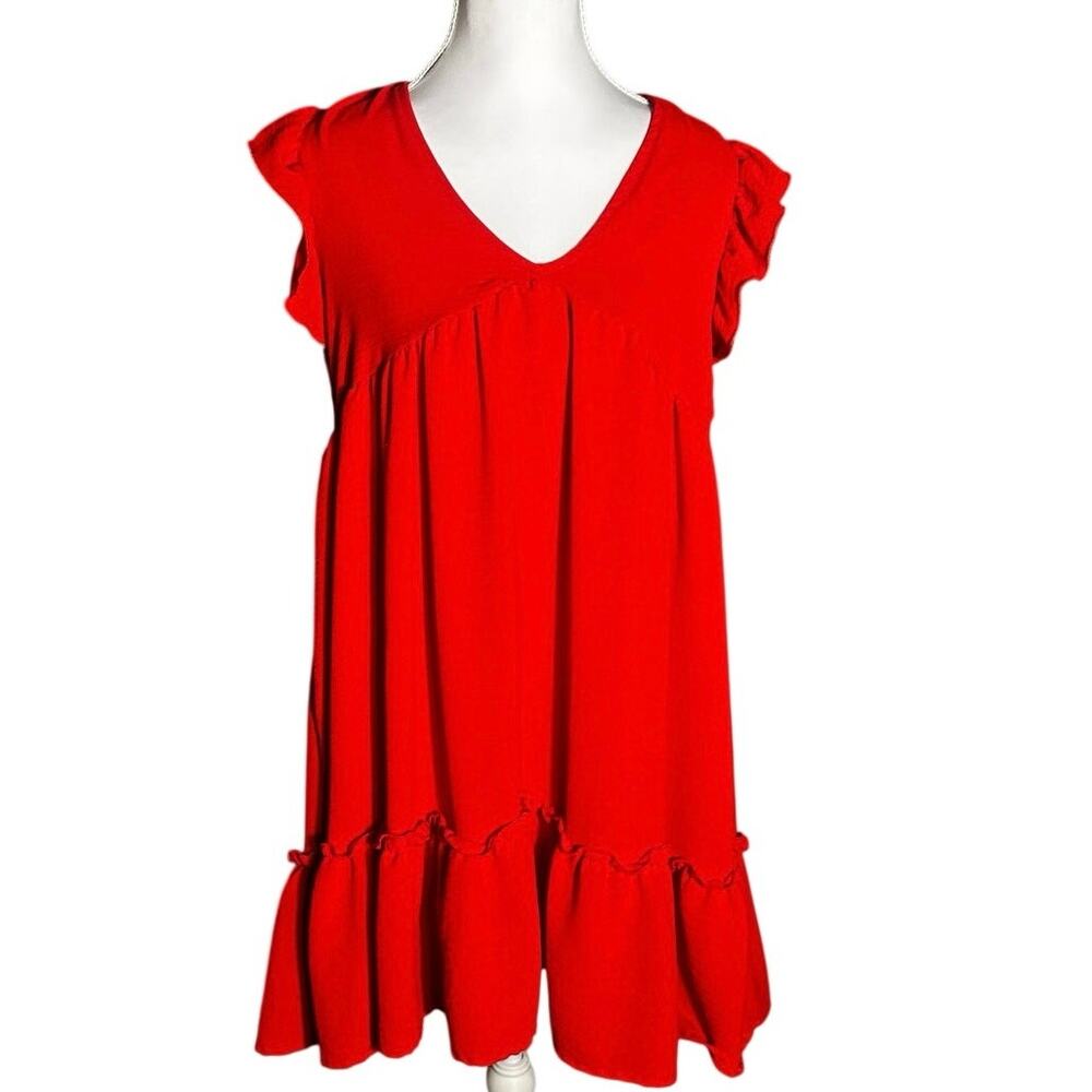 Altar'd State Red Ruffled Babydoll V-Neck Flutter Sleeve Short Preppy Dress